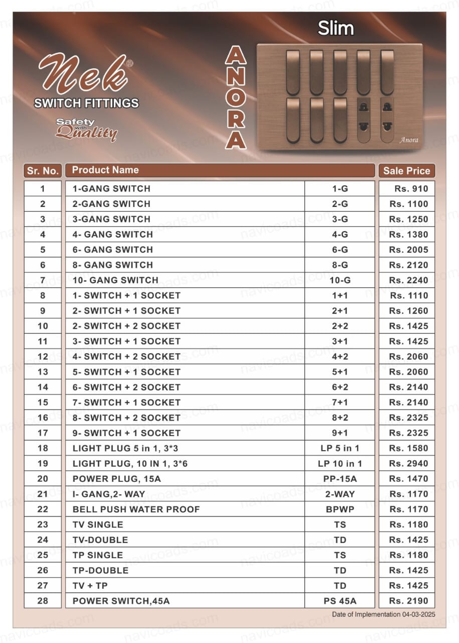 price list anora slim