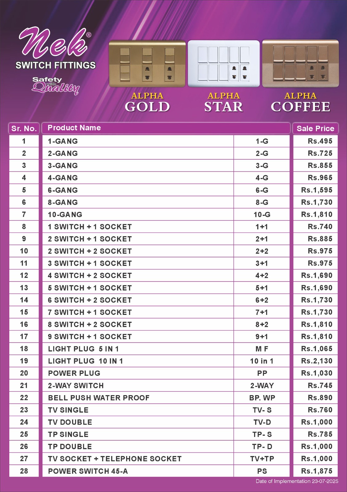 price list alpha seris