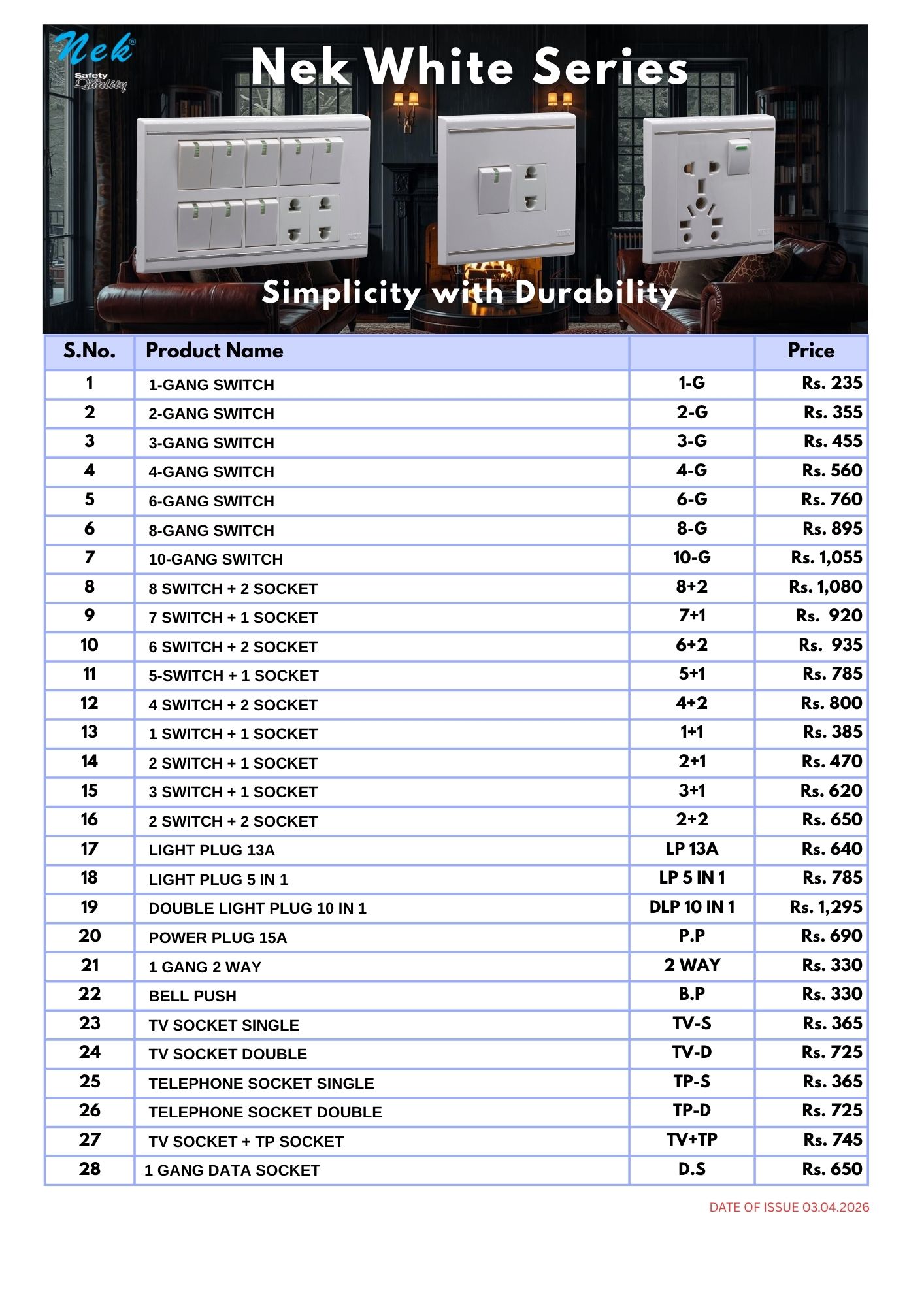 price list nek white series new